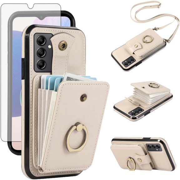 MYKOMI Phone Case for Samsung Galaxy A14/M14 5G Wallet Cell Cover with HD Screen Protector and Crossbody Strap Ring Stand RFID Credit Card Holder A 14 4G 14A 14M G5 Women Girls