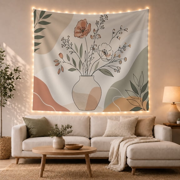 Floral Garden Drawing with Vase Bouquet Flowers, Nostalgic Vintage for Botanical Art Lovers, Aesthetic Wall Decor, Mother'S Day Gift, Tapestry Wall Hanging for Dorm and Living Room