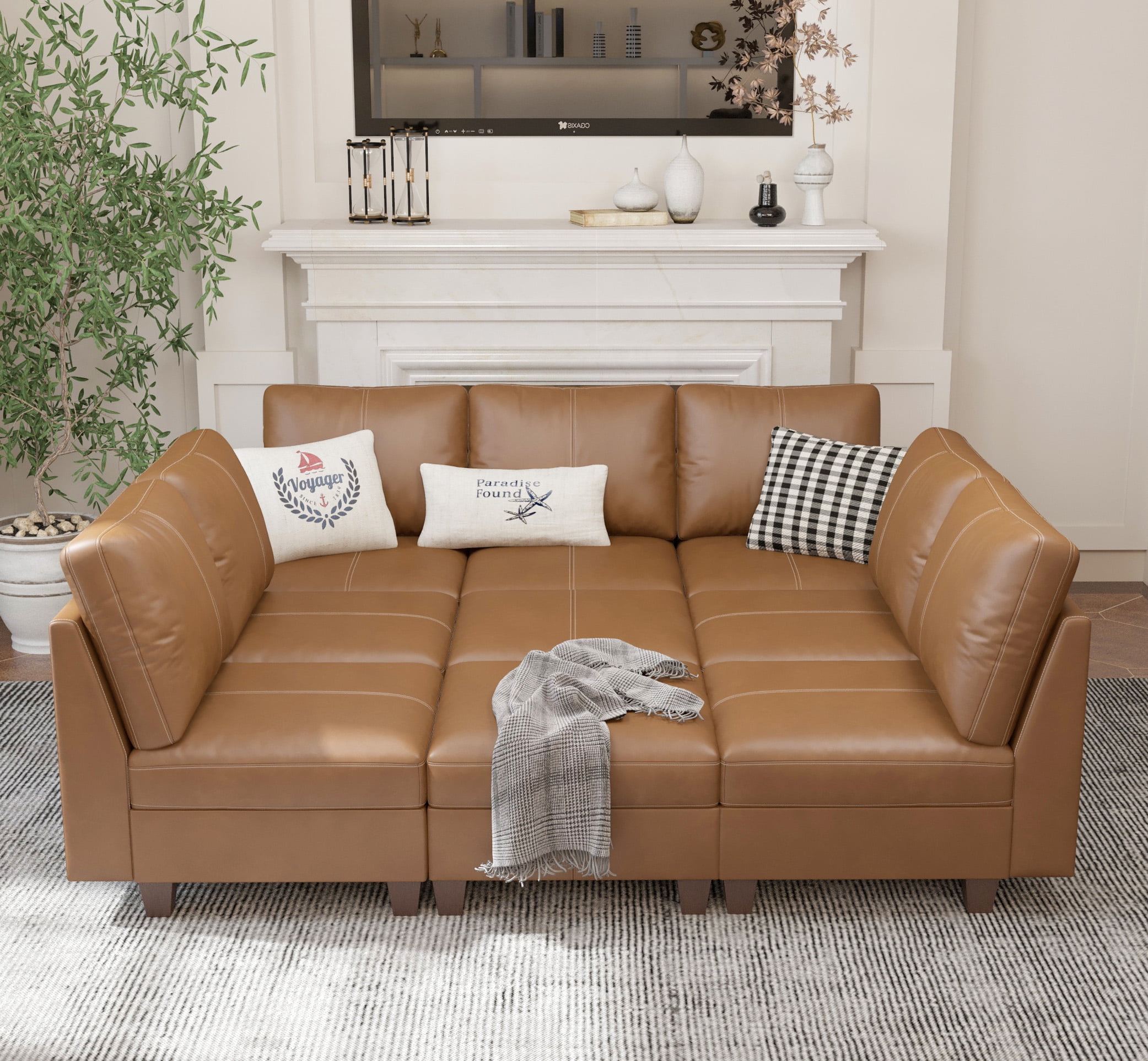 SITJOY 91" Faux Leather Modular Sectional Couches with Storage, Convertible 9 Seat U-Shaped Modular Sleeper Sofa Bed with Ottoman for Living Room, Brown