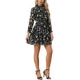 thumbnail image 2 of INSPIRE CHIC Women's Floral Long Sleeve Mini Dress Smocked Neck Ruffle Trim Chiffon Casual Dress Black XL, 2 of 6