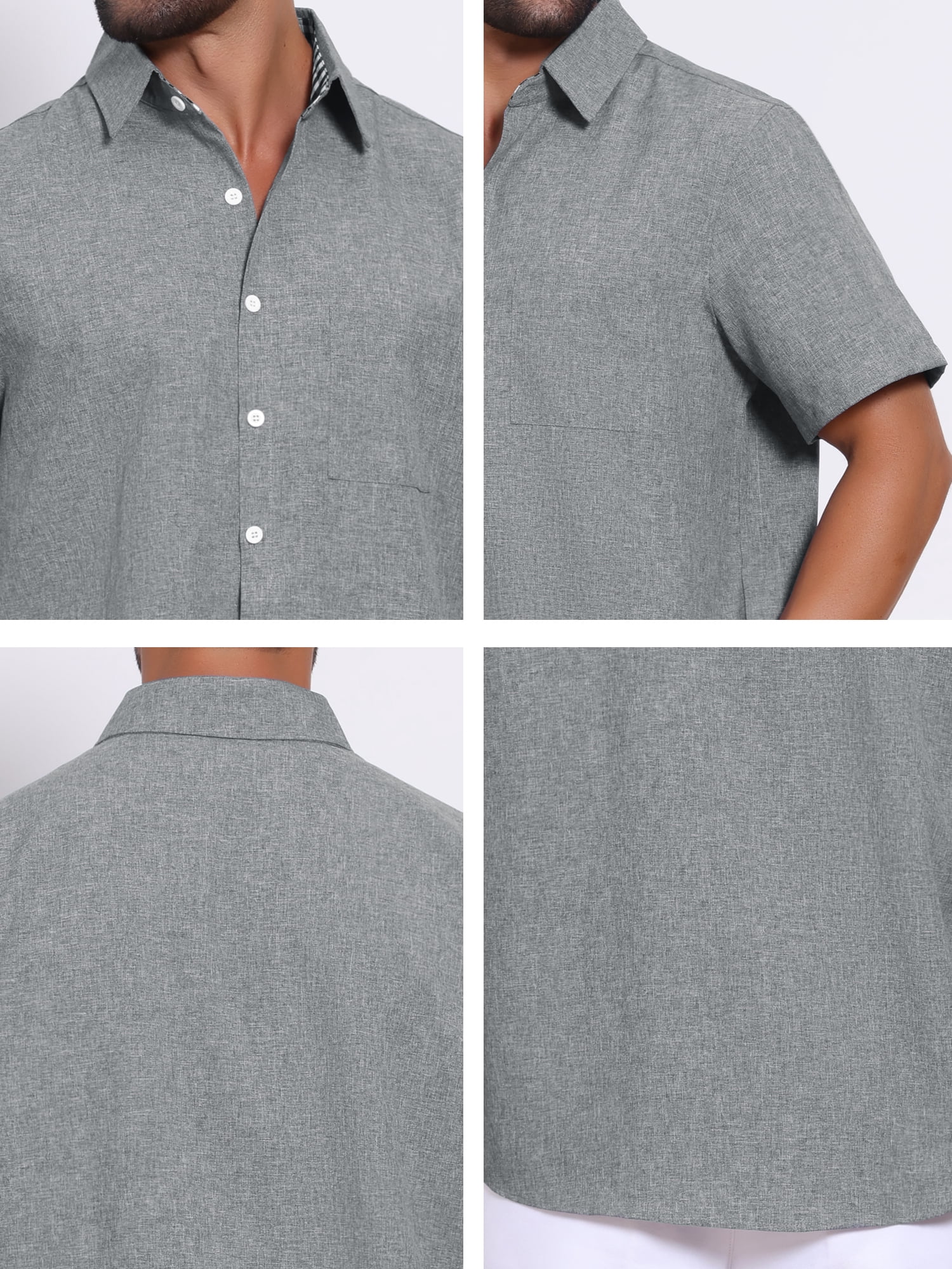 DARING DIVA Men's Plain Linen Short Sleeve Contrast Color Collar Shirts M Gray