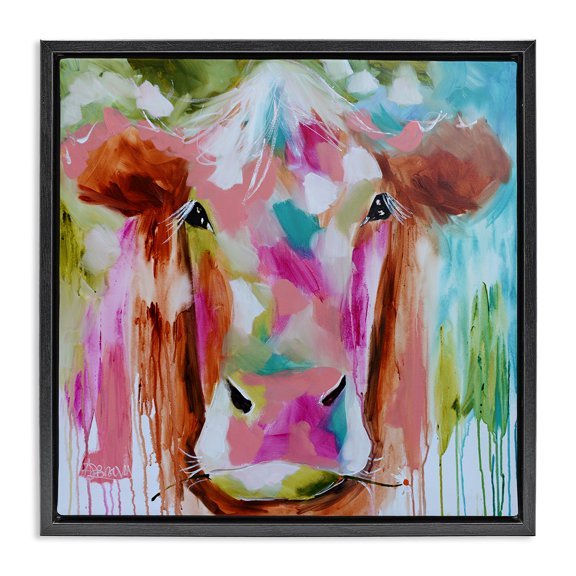 Stupell Industries Contemporary Expressionist Vibrant Cow Black Floating Frame Canvas Art, 18 x 18, by Amanda Brooks