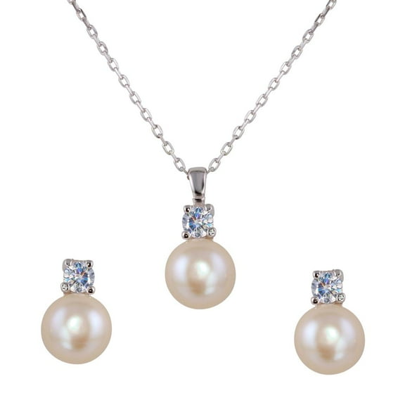 Synthetic Pearl Clear CZ Elegant Earring & Necklace Set Sterling Silver