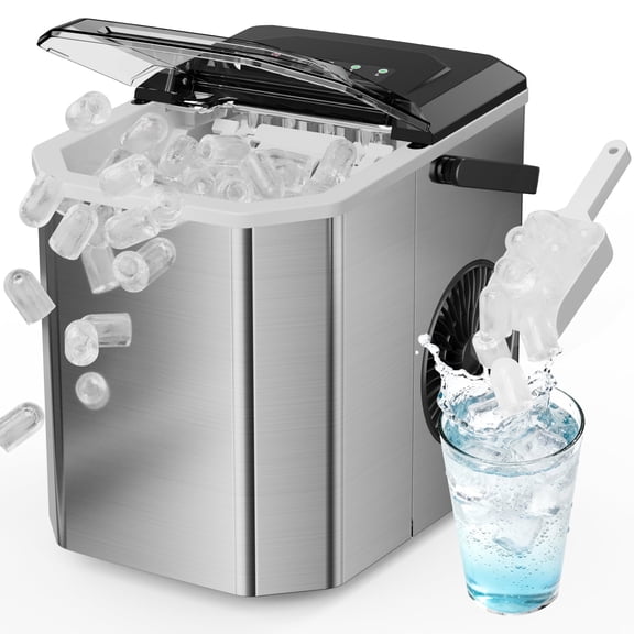Ice Maker Countertop, Stainless Steel Portable Ice Machine with Self-Cleaning , 9 Cubes in 6 Mins, 26 lbs per Day, Stainless Steel