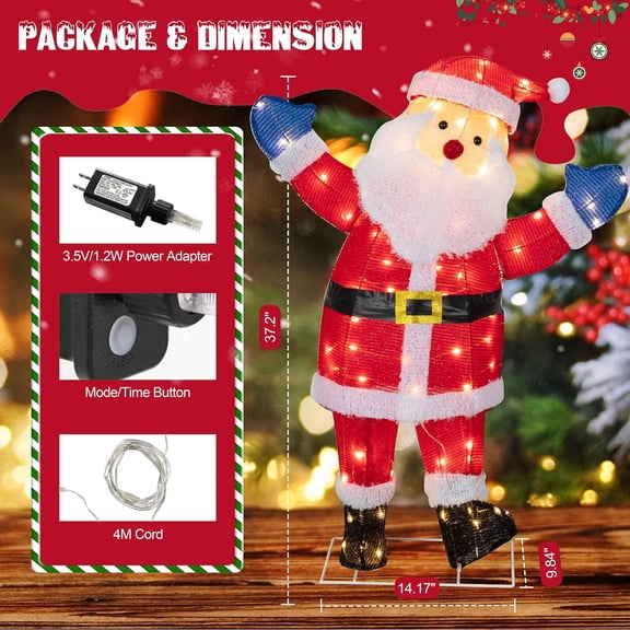 3ft Lighted Christmas Santa Claus, Outdoor Pop-up Holiday Decoration with 80 LED Lights, 3D Pre-Lit Light-Up Decor for Yard, Garden, Lawn &