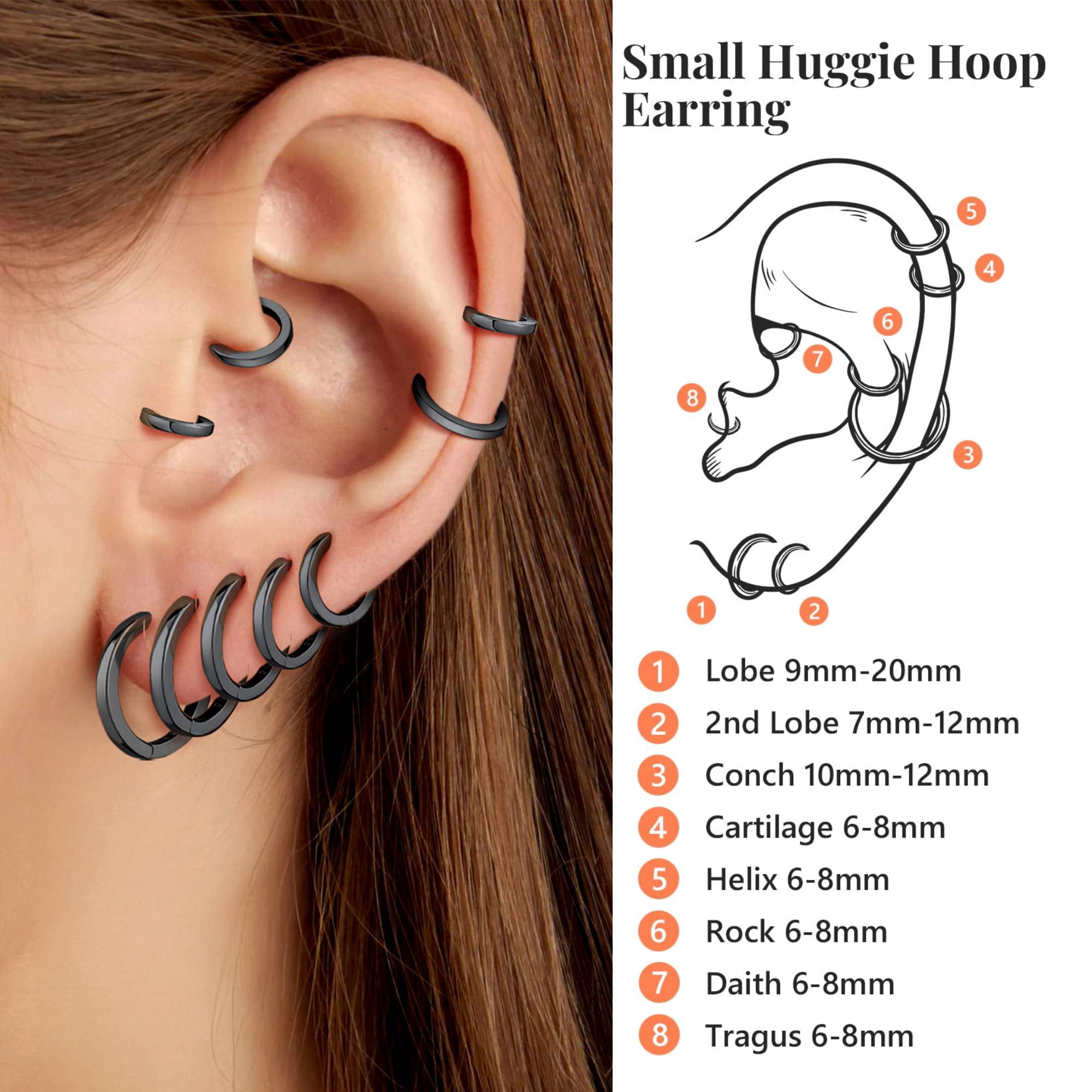 Silvora Black Small Hoop Earrings for Women Men Hypoallergenic Silver Huggie Hoops Earring Size 6/8/10/12/14/16/18/20mm Dailywear Cartilage Jewelry