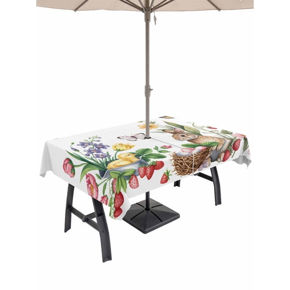 52x70 Inch Outdoor Tablecloth with Umbrella Hole Zipper Rectangle Spring Easter Rectangular Tablecloths Waterproof Country Bunny Chick Floral Butterflies Watercolor Patio Table Cover for Picnic