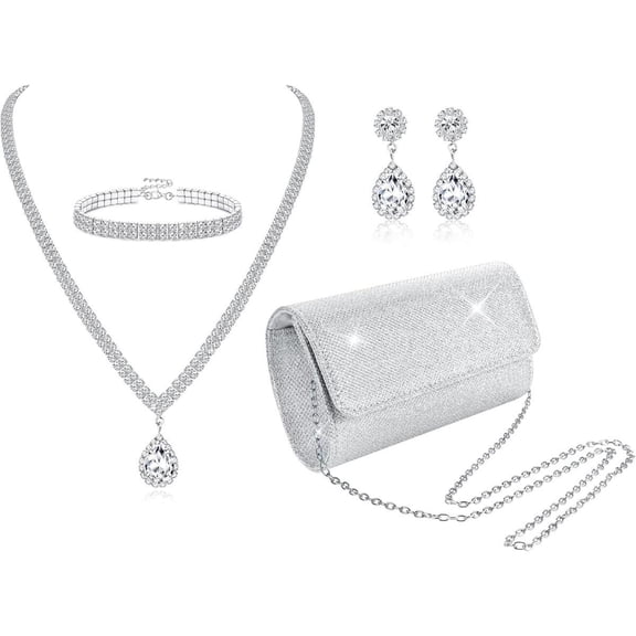 4-piece Silver Handbag Jewelry Set, Including Bag, Necklace, Earrings, and Bracelet, Perfect for Birthdays, Parties, Christmas, and Wedding Anniversaries