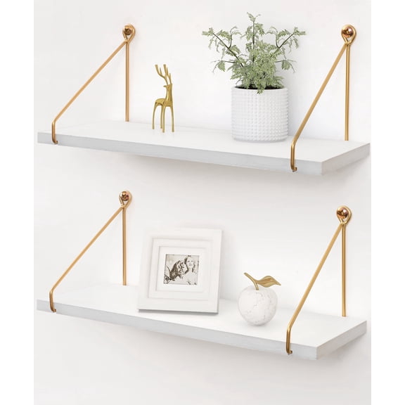 SUMGAR Floating Shelves for Wall, White Gold Modern Wall Mounted Shelf, Hanging Shelves for Bathroom, Bedroom, Living Room,Office Set of 2,16in
