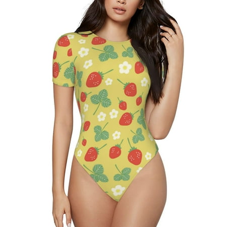 Jgfou Floral Strawberr Pattern Women s Short-Sleeved Onesie Round Neck Pajamas Stretchy Bodysuit with Snap Closure-Small