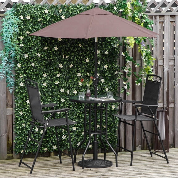 Kumix 4 Piece Outdoor Patio Dining Furniture Set, 2 Folding Chairs, Adjustable Angle Umbrella, Wave Textured Tempered Glass Dinner Table, Black