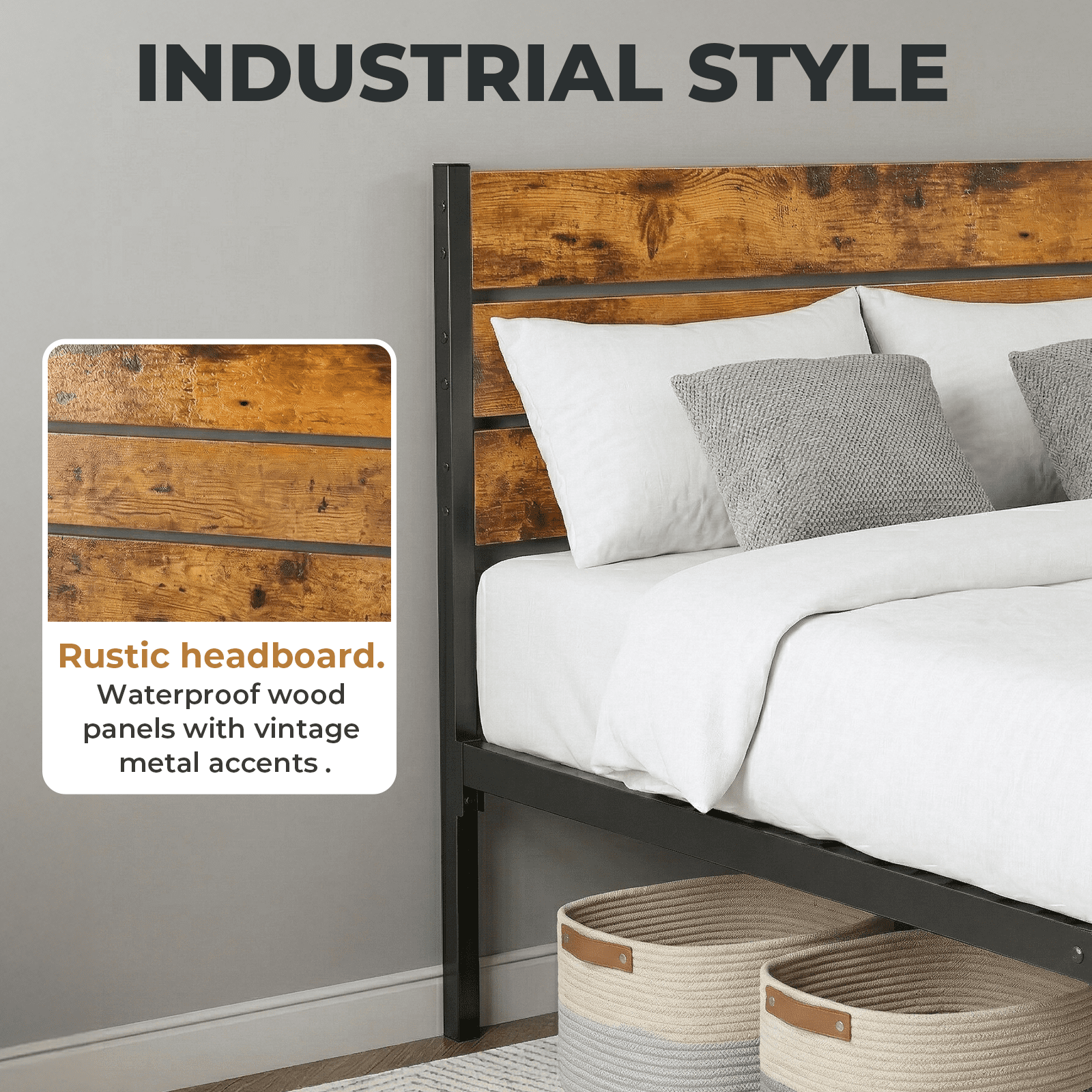 Alvantor Metal Platform Bed Frame with Headboard & Footboard - No Box Spring Needed, 800LBS Sturdy Wooden Slats Support, Industrial Style