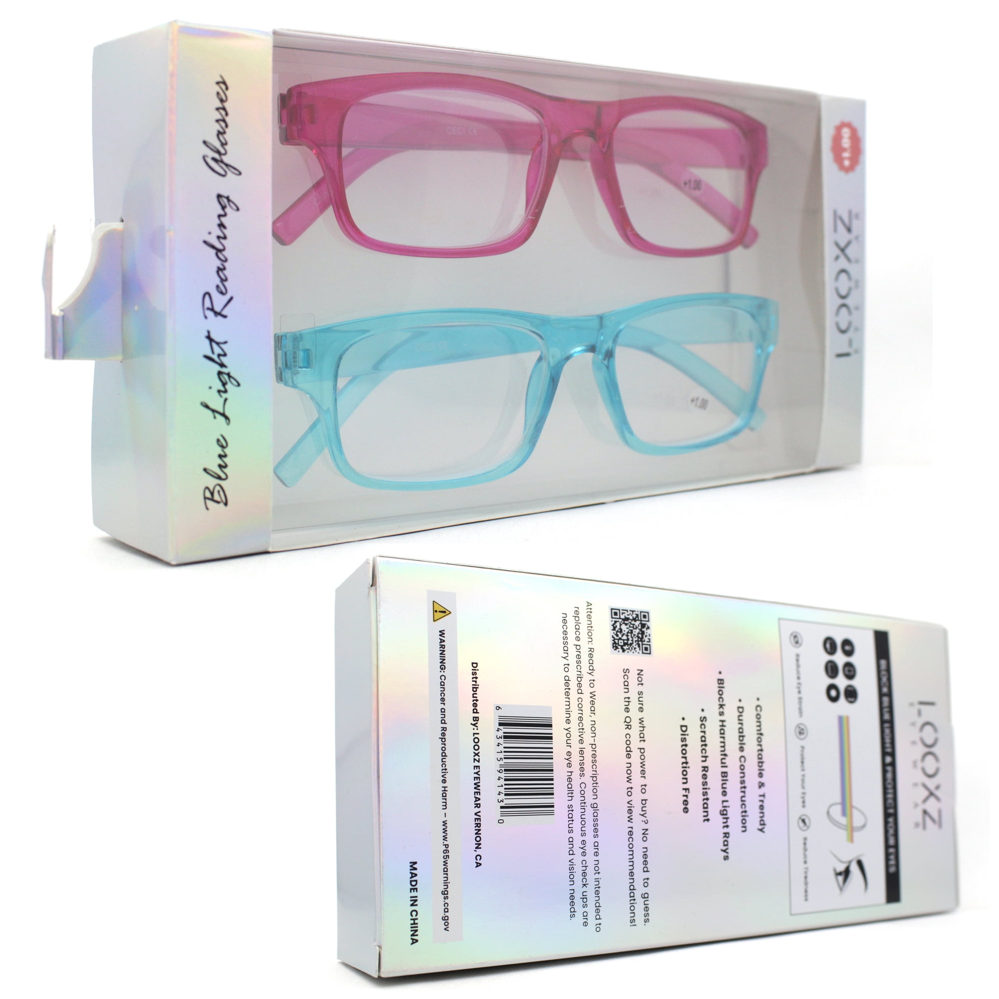 Pop Color Rectangle Blue Light Filtering Reading Glasses [Fuchsia Teal 2 pairs] +1.0