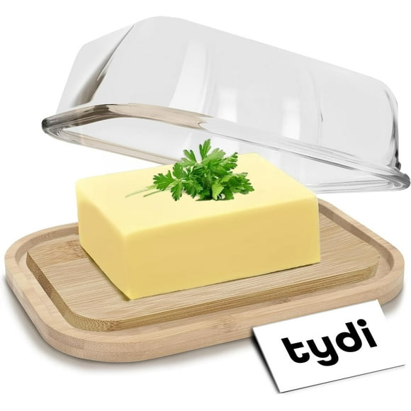 Glass Butter Dish with Glass Lid and Bamboo Base (150 x 110 x 70 mm) - Fits Standard Blocks of Butter - Butter Dish with Lids