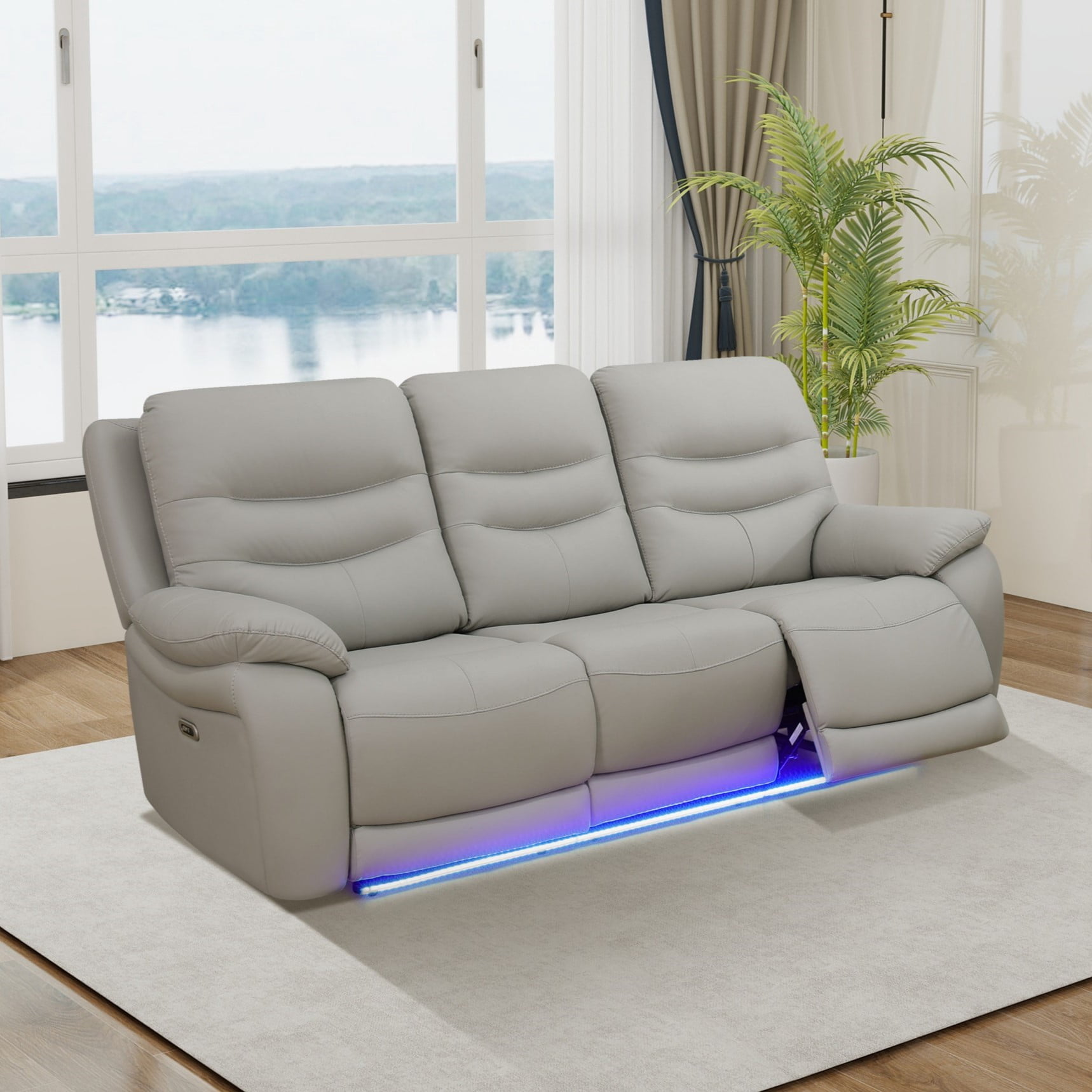 Gewnee 3‑Seat Power Recliner Sofa, Air Leather, Adjustable Recline Angle, USB‑C & USB Ports, LED Ambient Light for Living Room Home Theatre，Light Gray