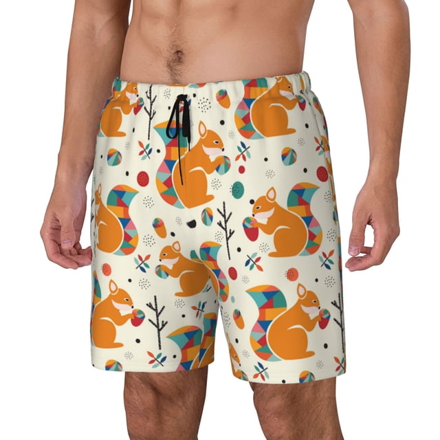 Kdxio Squirrel With Colorful Tail Print Mens Swim Shorts with Mesh Lining, Breathable and Quick-Drying, Adjustable Waist, Privacy Pocket-Small