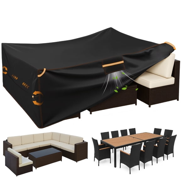 YEERSWAG Extra Large Outdoor Furniture Cover Waterproof, 124" x 63" x 29" Patio Set Cover Weatherproof 420D Oxford Outdoor Dining Set Cover with Vent for Outside Tables, Sofa, Chairs, Black