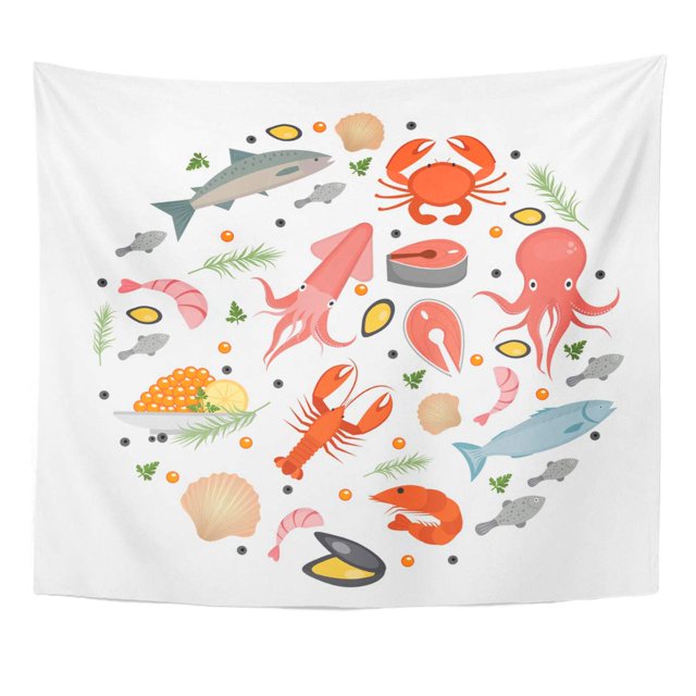 JSDART Huîtres Fruits de Mer dans la Collection de Nourriture de Mer de Forme Ronde de Style Plat Blanc Produits de Poisson Repas Conception Murale Art Suspendu Tapisserie Décoration à la Maison pour le Salon Chambre Dortoir 51 X 60 Pouces