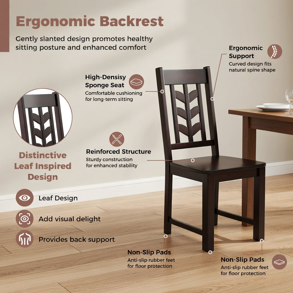 Rustic Brown Rubber Wood Dining Chairs Set of 2 – Ergonomic High-Back Kitchen Side Chairs with Leaf-Inspired Design, Sturdy 400 lb Capacity