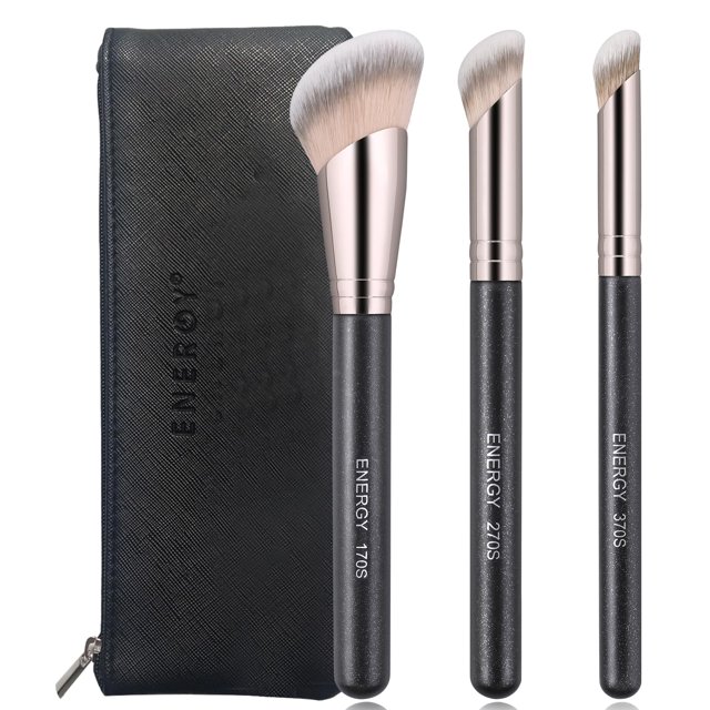 ENERGY Juego de brochas de maquillaje en ángulo, base en polvo vegana, bronceador, contorno de nariz, corrector, brocha de maquillaje para crema líquida, polvos fijadores, mezcla con bolsa de viaje