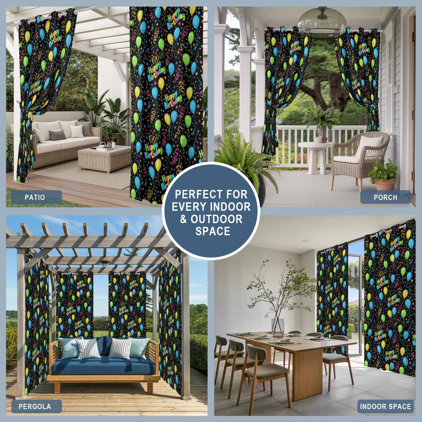Balloon Stars Outdoor Curtains for Patio, Festival Happy Birthday Blue Green Yellow Balloon Black Sunshade Privacy Drapes Grommet Waterproof Outside Curtains for Porch Balcony 54"x108", 1 Panel
