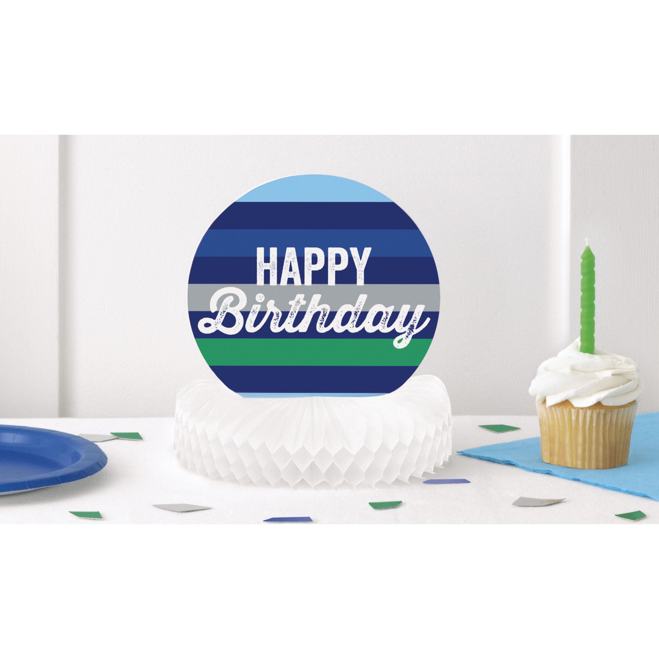 Way to Celebrate! Green & Blue Stripes Birthday Centerpiece, 6in