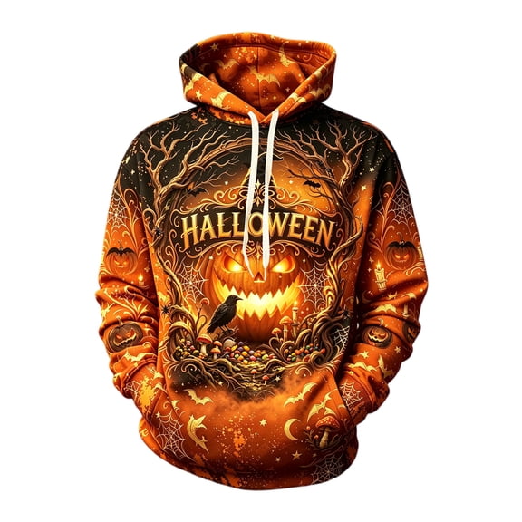 Hsovts Men Halloween Pullover Hoodie, Spooky Ghost Pumpkin Bat Graphic Long Sleeve Halloween Shirt, Soft Casual Daily Wear Top Orange L