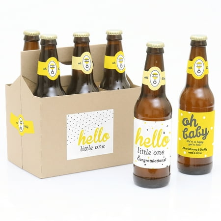 Label Carrier - Hello Little One - Yellow and Gray - 6 Beer Bottle Labels Neutral Baby Shower with 1 Beer Carrier