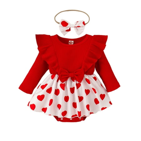 

elfinBE Infant Baby Girl Heart Printed Ruffle Long Sleeved Romper And Headband Two-pieces Outfits Set 3-24M