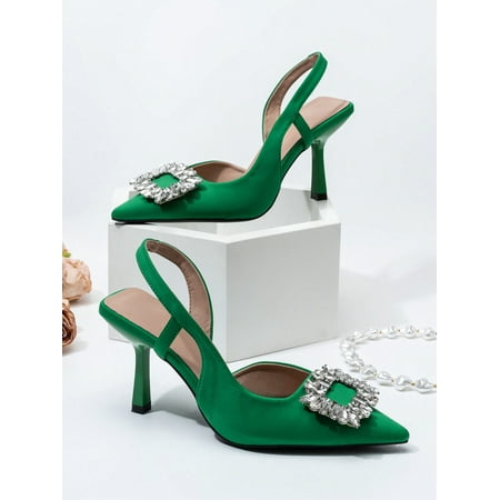 

Women Metallic Rhinestone Decor Point Toe Heeled Slingback Pumps