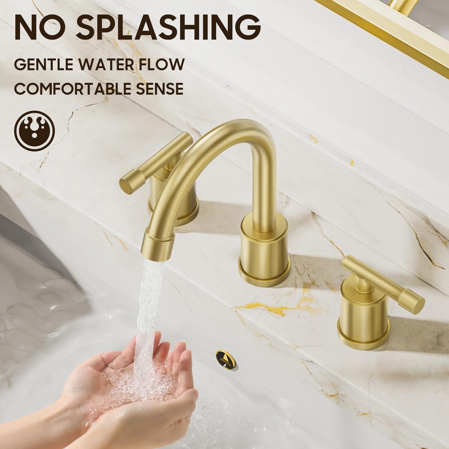 Brushed Gold Widespread 8 Inch Bathroom Faucet，3 Holes 2 Handles Modern Bathroom Sink Faucet with Metal Pop-Up Drain & Water Supply Line,WFZY01-BG