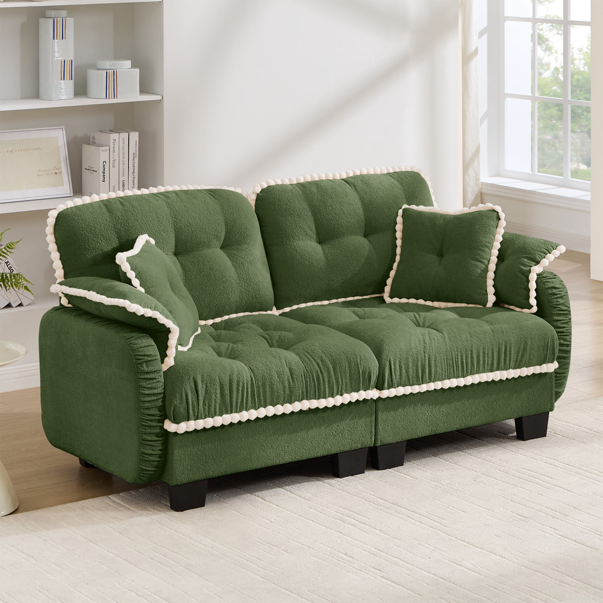 Anpport Modern Aesthetic Green 2-Seater Sofa, Quilted Tufted Couch with Pom-Pom Trim, Includes 4 Throw Pillows for Small Space, Apartment, Office & Living Room