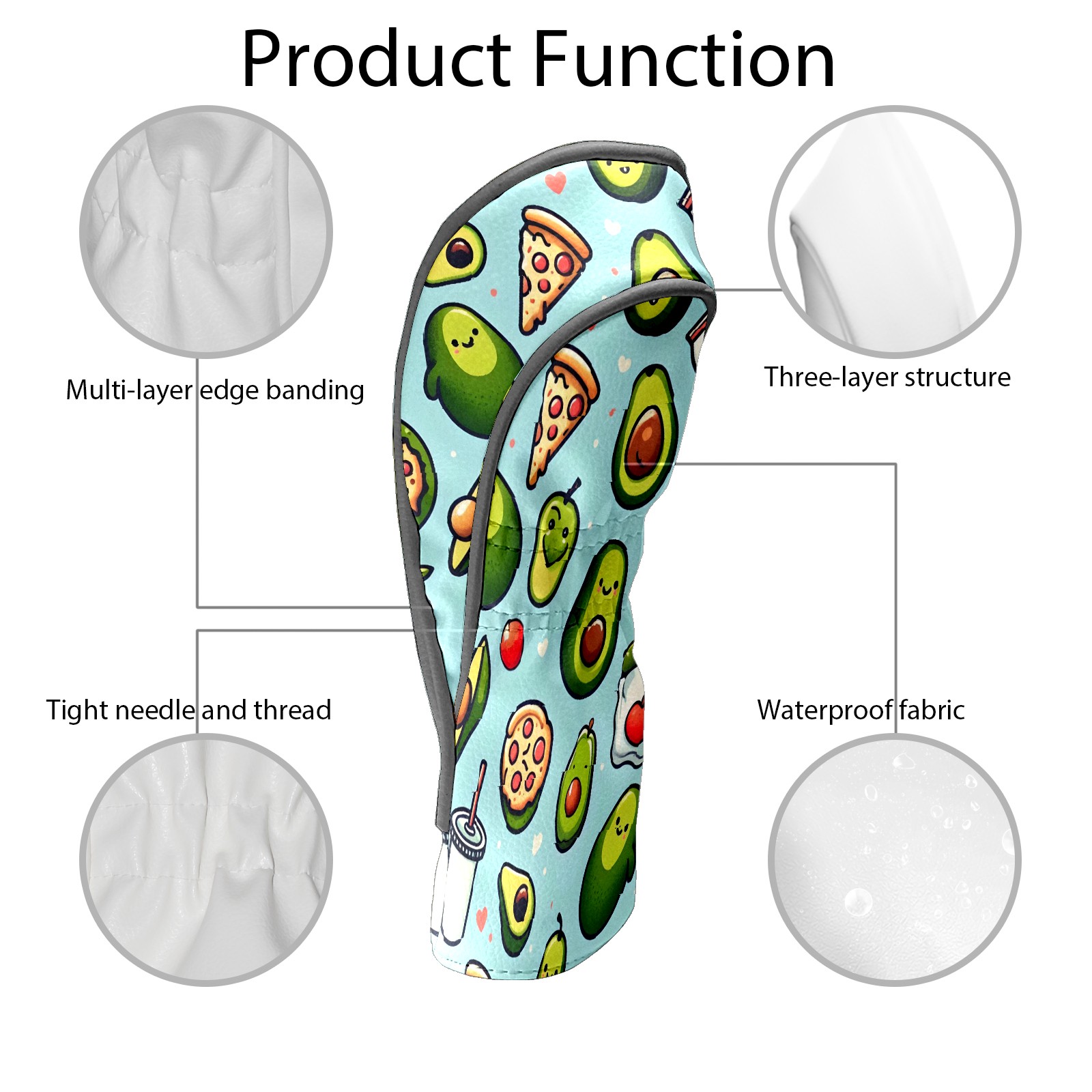 Golf Club Covers, Light Blue Avocado Pizza Premium PU Leather Driver Hybrid Putter Head Covers with Velvet Lining, Waterproof Golf Gifts for Men Women
