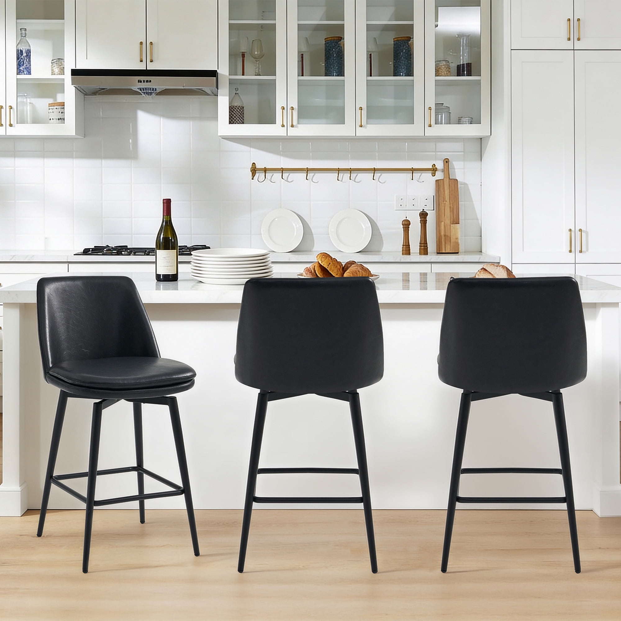 Spruce & Spring Counter Height Swivel Barstool with Curved Back and Metal Legs Set of 2, Black Faux Leather