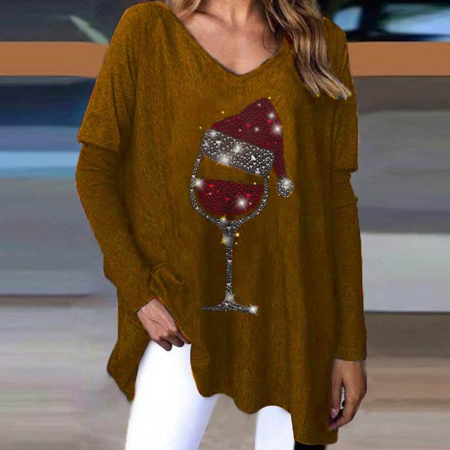 ICHUANYI Liquidación Mujeres Camisas casuales de manga larga Pullover Túnica suelta Tops Blusa con cuello en V con estampado de Navidad ICHUANYI WER202308231975