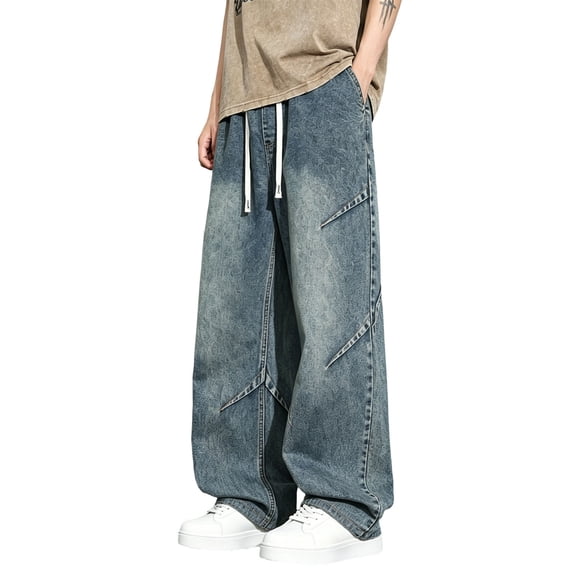 WPPGONE Elastic Waist Jeans for Men Baggy Drawstring Straight Leg Wide Leg Relaxed Fit Bottoms Summer Casual Fashion Vintage Denim Pants with Pockets