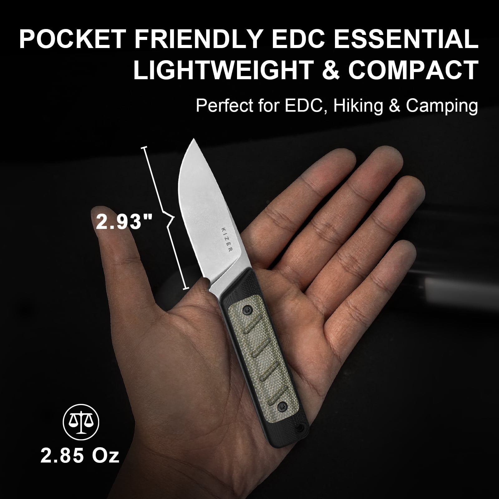 Kizer Smolt Fixed Blade with Kydex Sheath 1063A6 , 2.93" 14C28N Blade G10 + Micarta Handle Drop point EDC  Pocket Knife, Black & Green