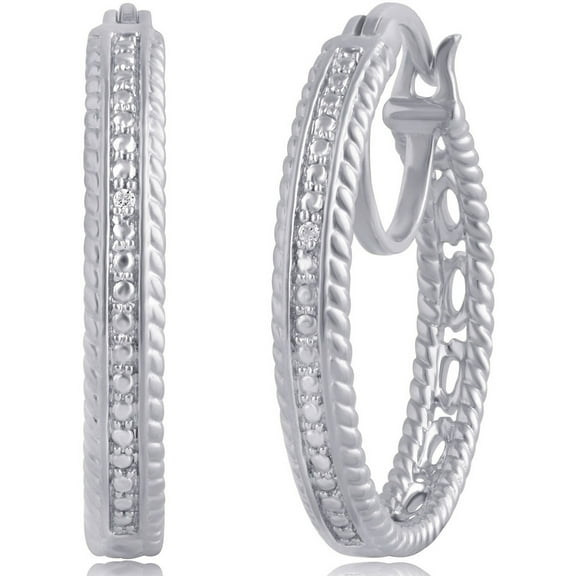 Arista Round Diamond Accent Women's Fashion Hoop Earrings in Silver Tone Brass