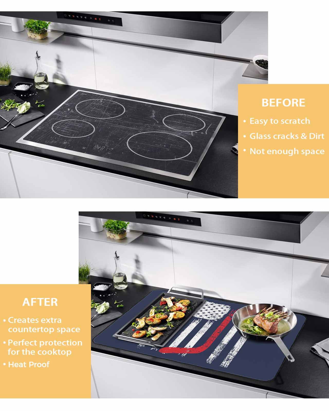 Large Induction Cooktop Protector Mat Navy Blue Hockey American Flag Stove Top Covers for Electric Stove, Vintage Abstract US Flag Decorative Stove Burner Cover Mats, Glass Top Stove Cover