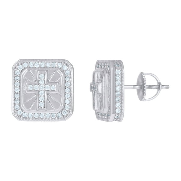 Sterling Silver Mens Cubic-Zirconia Square Cross Religious Stud Earrings