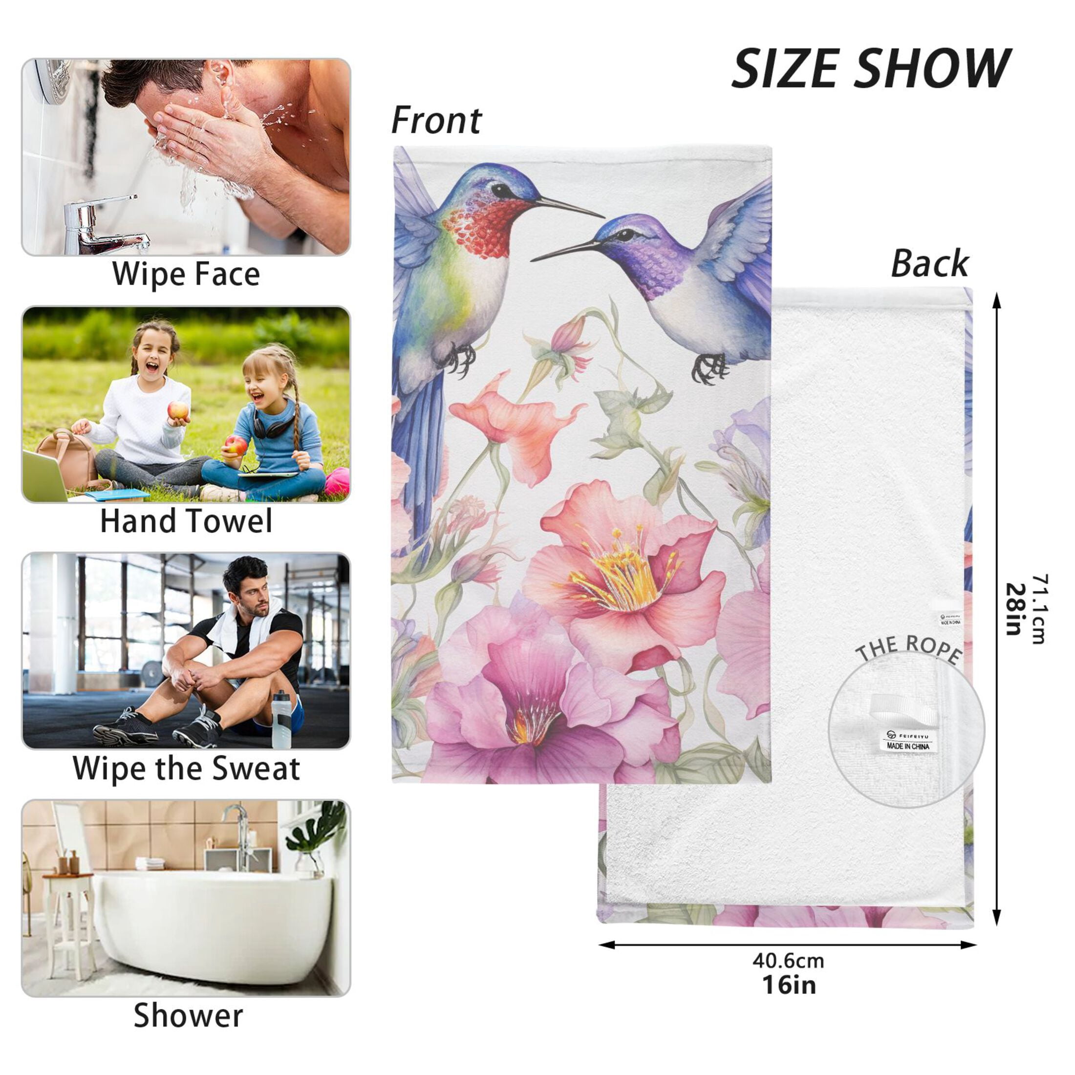 2 Pcs Hand Towel Set Couple Hummingbird with Flower Cotton Absorbent Soft Face Towels Bath Towels for Bathroom Kitchen Shower Hotel Decor 16"x28"