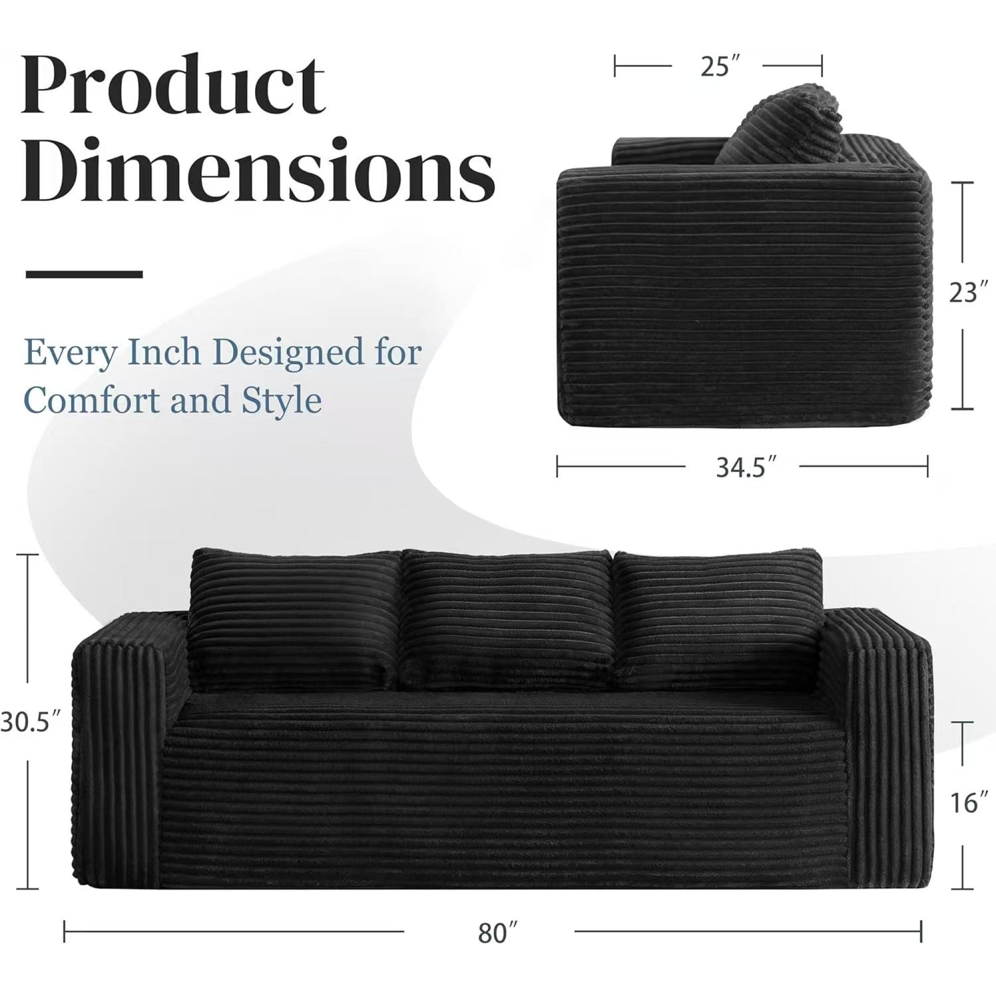 Jopat 80" Loveseat Sofa Couch,Cloud 3 Seater Boneless Couch,Deep Seat Corduroy Sofa,Modern Compressed Sofa Small Couches for Small Spaces,Apartement,Black