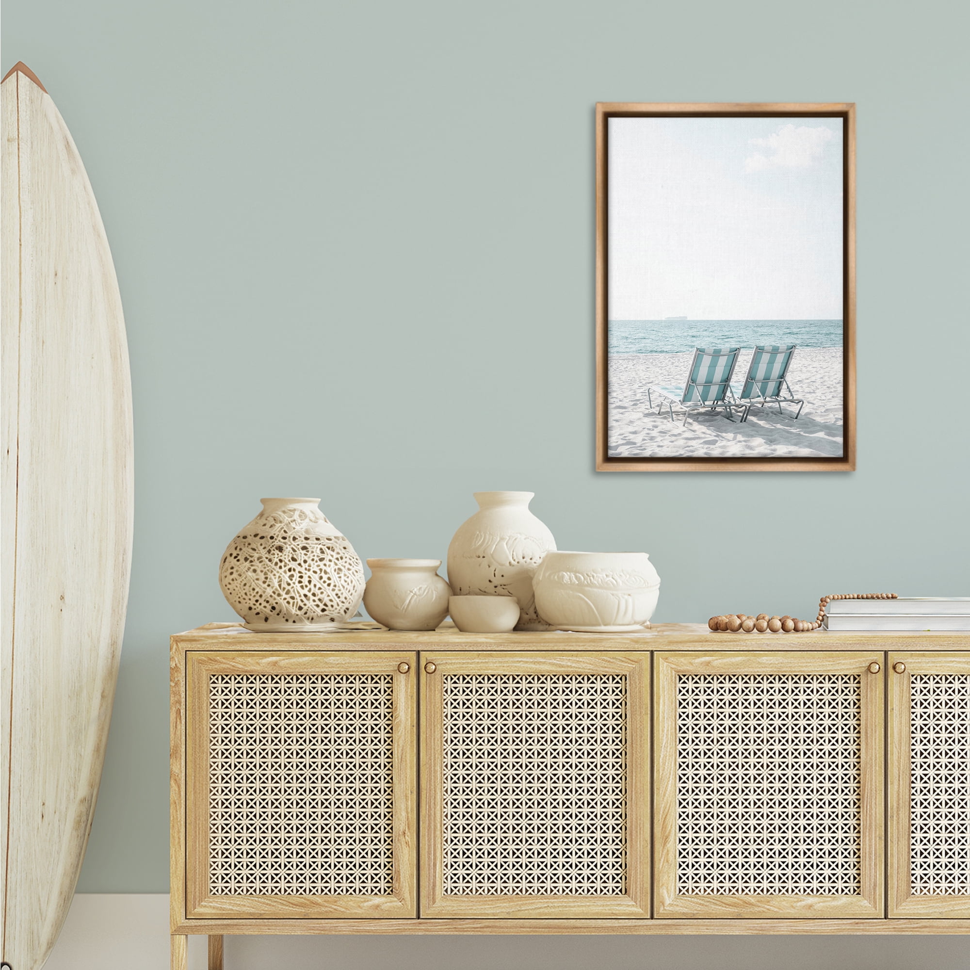 Stupell Industries Soothing Blue Beach Chairs Nautical & Beach Photography Brown Floater Framed Canvas Art Print Wall Art, 21 x 31