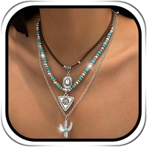Boho Choker Necklace Silver Cowgirls Boot Pendant Necklaces Turquoise Western Necklace Chain For Women[o6462]