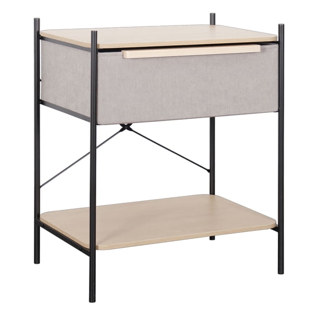 Buró Estilo Kanso con 1 Cajón y 1 Estante de Almacenamiento para Hogar y Oficina, Organizador con Estructura Metálica y Cajón de Tela No Tejida (Gris Claro y Natural)