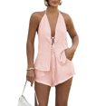 thumbnail image 2 of Women'S Summer Solid Loose Fit Sexy- Backless Halter Tie Front Tops and High Waisted Shorts 2 Piece Pink M, 2 of 9