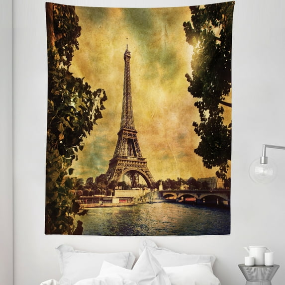 Mustard Tapestry, Eiffel Tower Trees River Bridge Water Daytime Landmark Oil Painting Design, Fabric Wall Hanging Decor for Bedroom Living Room Dorm, 5 Sizes, Brown Mustard, by Ambesonne