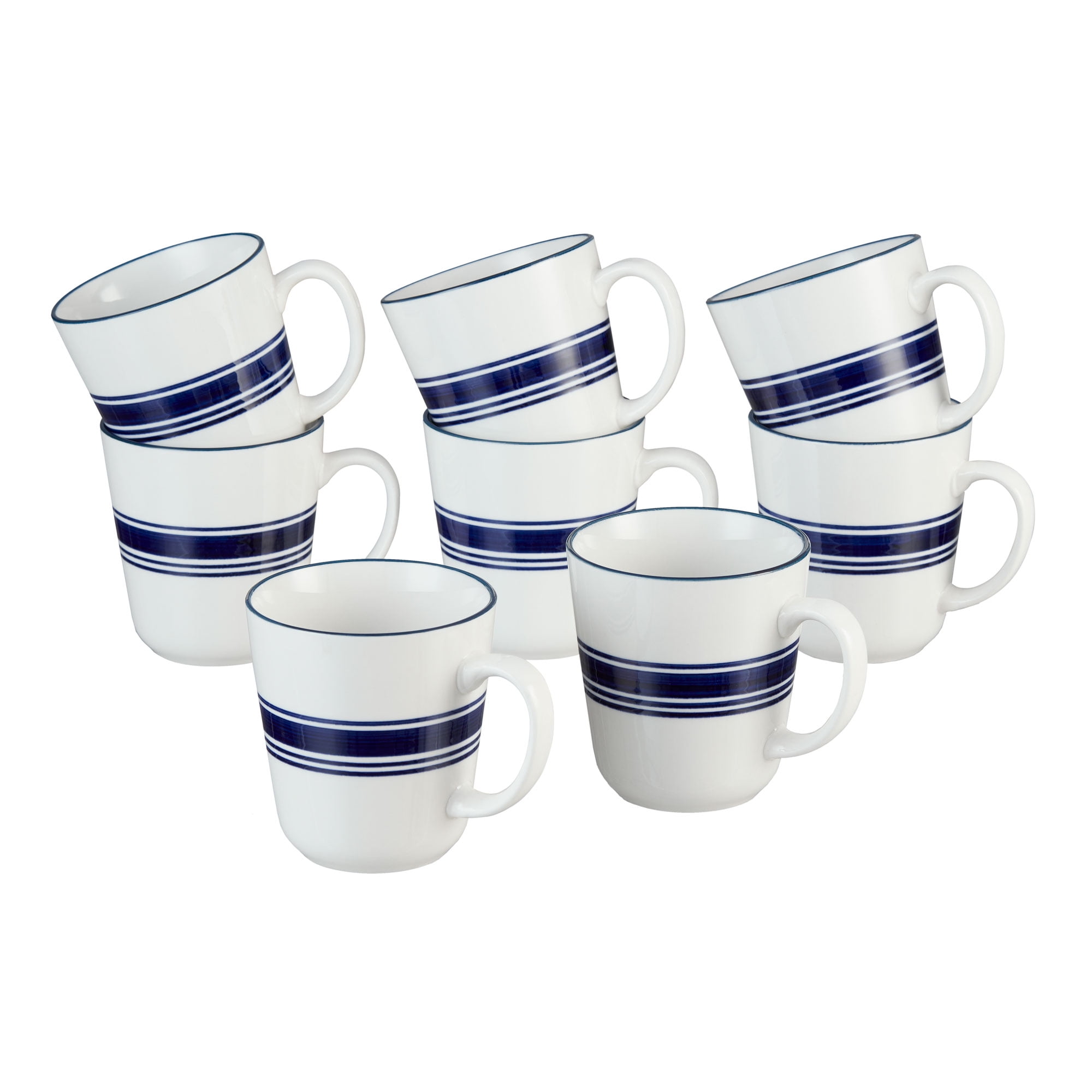 Mainstays Hand Painted Round Stoneware Mugs Navy Banded Stripe Set Of 8 Walmart Com