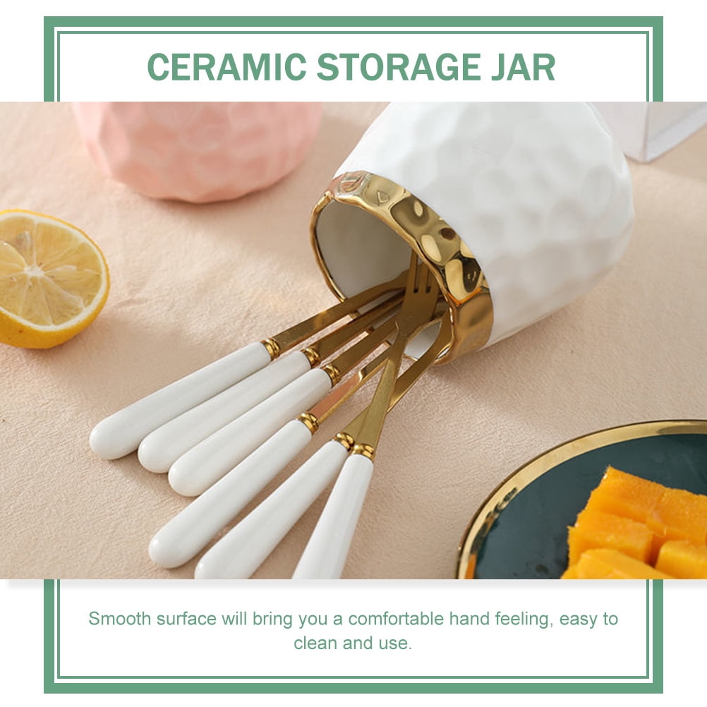 Soimiss White Ceramic and Stainless Steel Storage Jar for Kitchen Essentials, Forks and Spoons