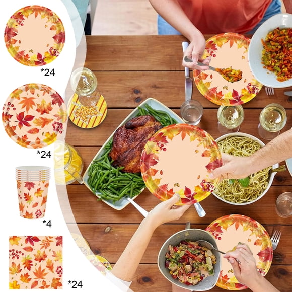 Sentmoon Paper Playes Disposable Plates Plastic Tablecloth Thanksgiving Themed Tableware With Maple Leaf Patterns Suitable For Party Decoration And Catering 24pc for Picnics